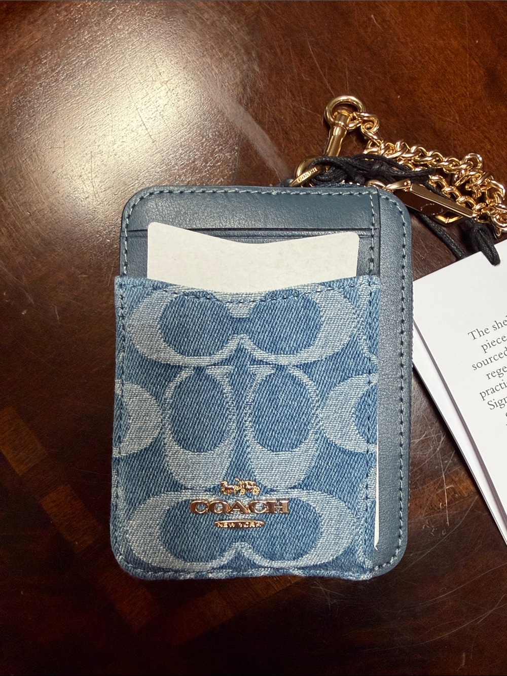 Coach Denim Signature Card Case with Gold Chain